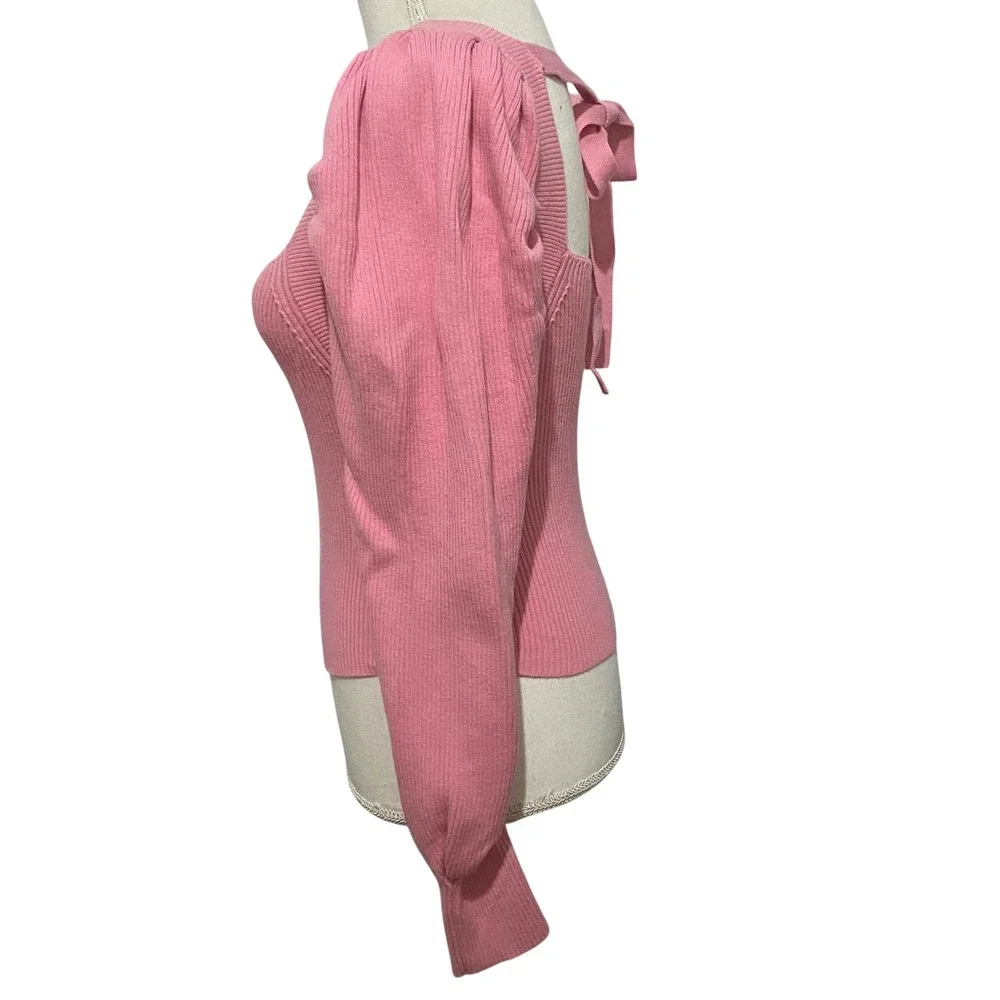 Pink Bow Crop‎ Sweater S Balletcore Soft Girl Romantic Square Neck Puff Sleeve